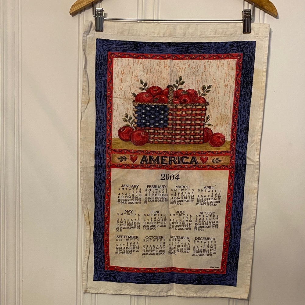 Vintage 2004 Calendar/ Towel apples patriotic basket, red, white, and blue